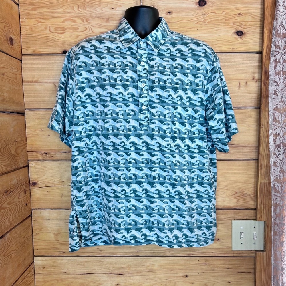 Vintage Hawaiian Shirt Mens Large Green Wave Tribal Popover Aloha Nui Nalu